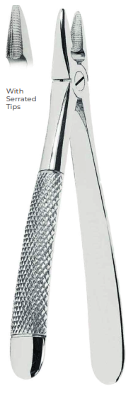 Universal extracting forcep for upper incisors and canines With serrated tips Fig.MD 1